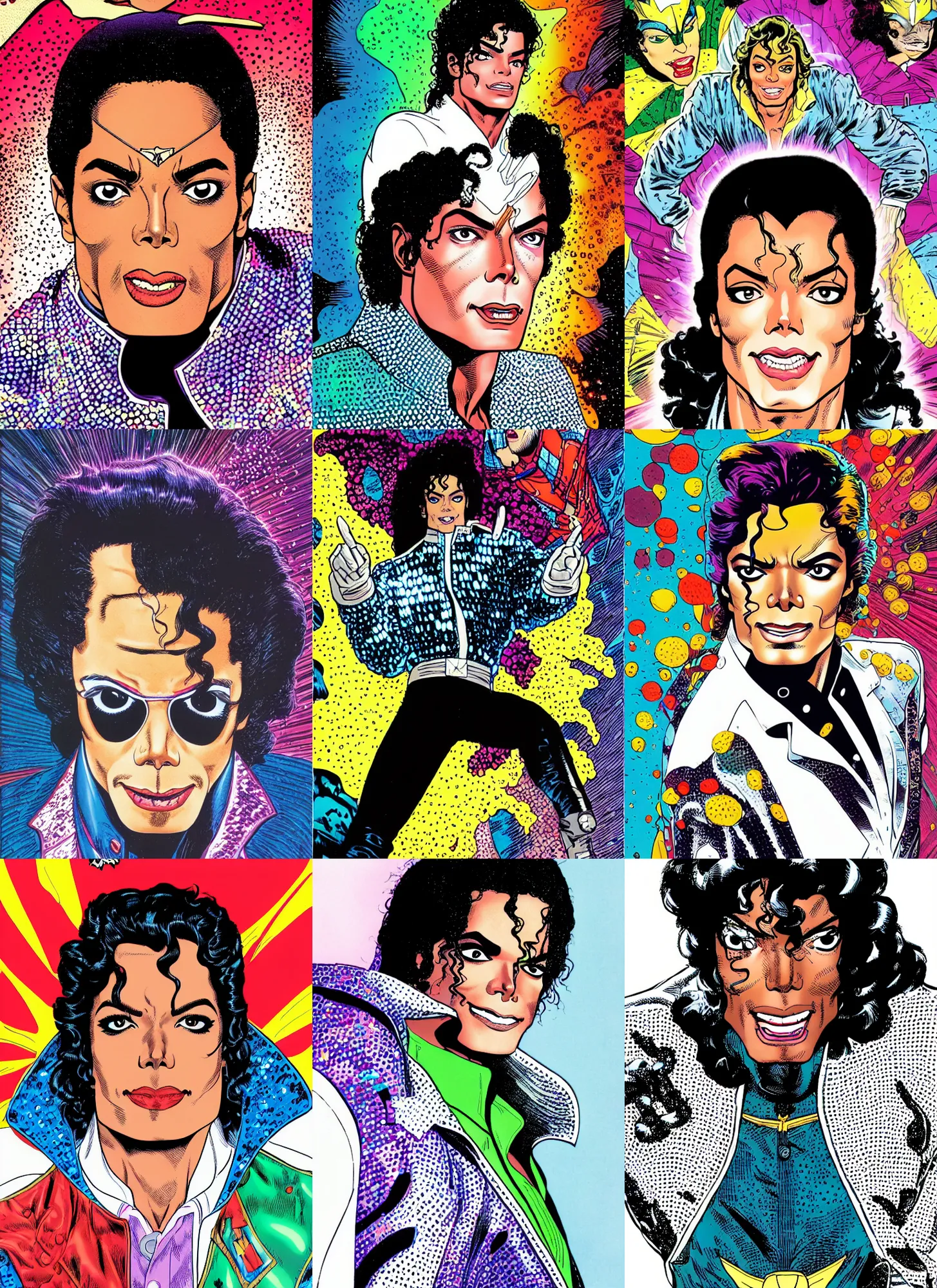 Prompt: dynamic macro head portrait of beautifu michael jackson super hero in white sequined jacket by cory walker and ryan ottley and jack kirby and barry windsor - smith, comic, illustration, photo real