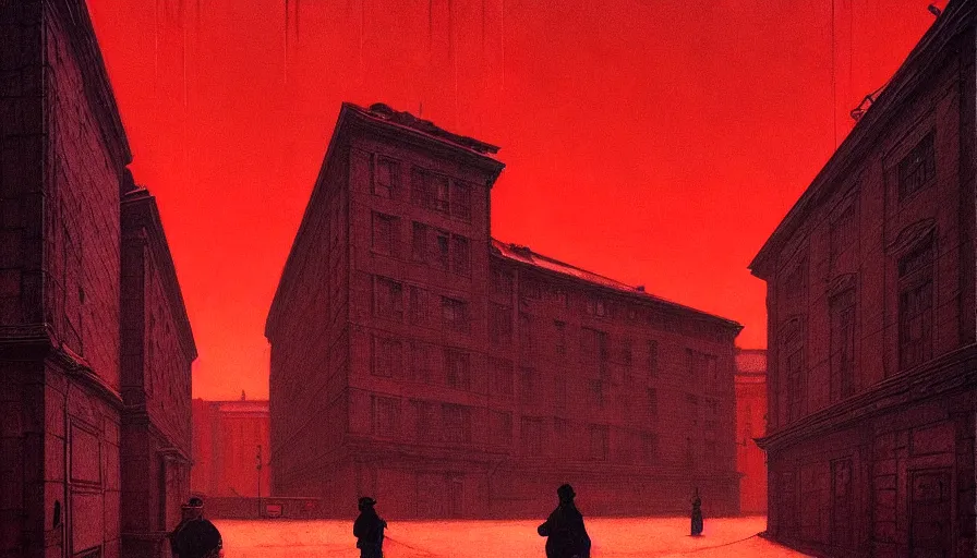 Image similar to only with red, soviet communism city cold atmosphere and with soviet flag, in the style of beksinski, by edward hopper and rodcenko and yue minjun and cory loftis, intricate and epic composition, red by caravaggio, highly detailed, masterpiece, red light, artstation, art nouveau