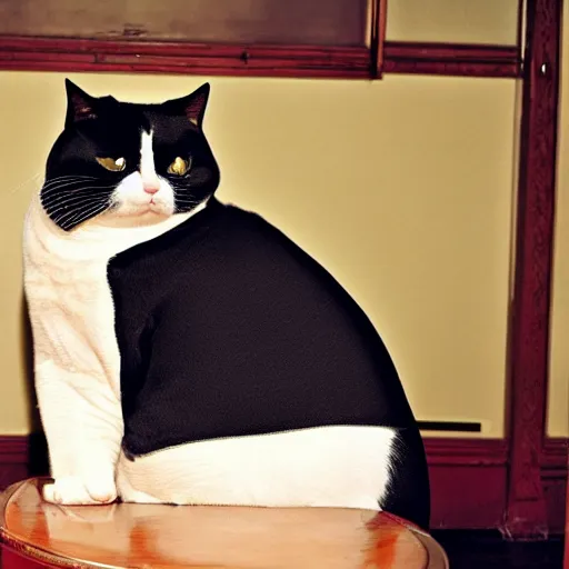 Prompt: a very fat and judgmental cat wearing a full tuxedo sitting in a dimly lit parlor lounge