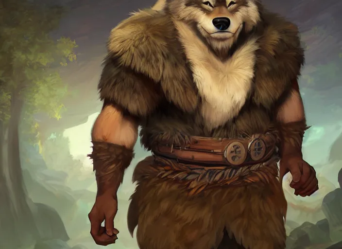 Image similar to burly tough character feature portrait of the anthro male anthropomorphic wolf fursona animal person wearing tribal primitive caveman loincloth outfit belt standing in the entrance to the cave, center framed character design stylized by charlie bowater, ross tran, artgerm, makoto shinkai, detailed, soft lighting, rendered in octane