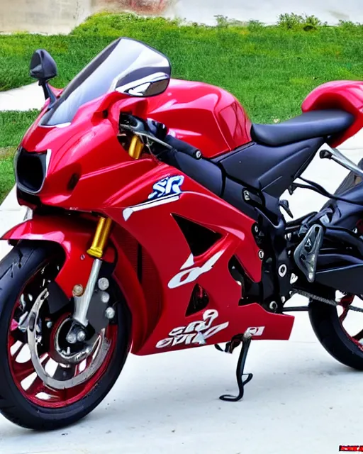 Prompt: an array of parts composing a cherry-red Suzuki GSX-R1000 motorcycle, body, mirrors, engine, wheels, chrome, aerodynamic