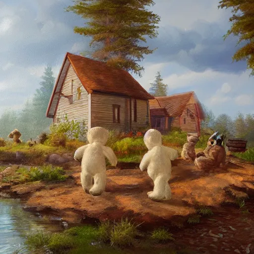 Image similar to cottage with three humanoid bear cubs in front, aesthetic, oil painting, pale colors, high detail, 8 k, wide angle, trending on artstation,