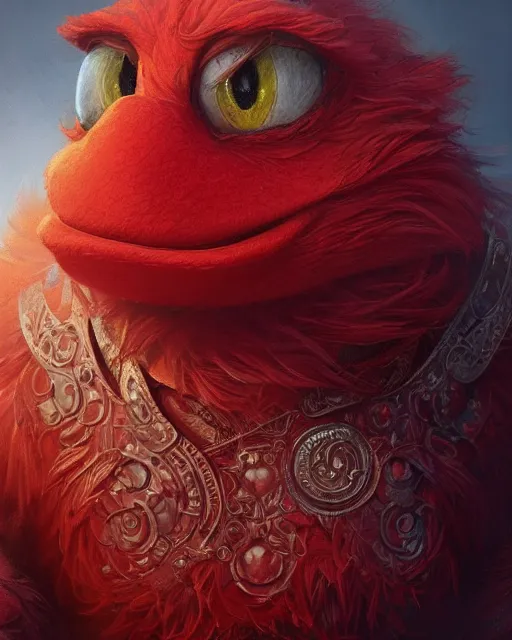 Image similar to portrait of elmo muppet, fantasy, intricate, elegant, highly detailed, digital painting, artstation, concept art, smooth, sharp focus, illustration, art by artgerm and greg rutkowski