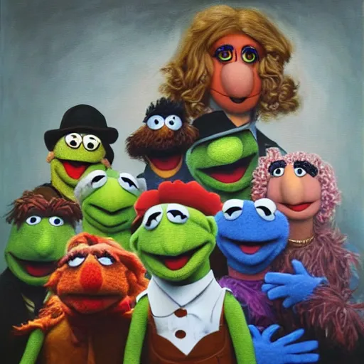 Prompt: muppet show, oil on canvas, surrealism, highly detailed, masterpiece, award - winning, artstationhd
