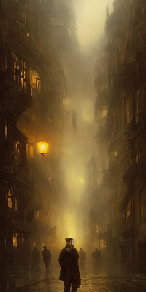 Image similar to a street of a city in 1 9 4 0 with yellow light on from the windows during the night, a men stand up under a light, mystical red fog, oil on canvas, art by andreas achenbach, clemens ascher, tom bagshaw and sabbas apterus,