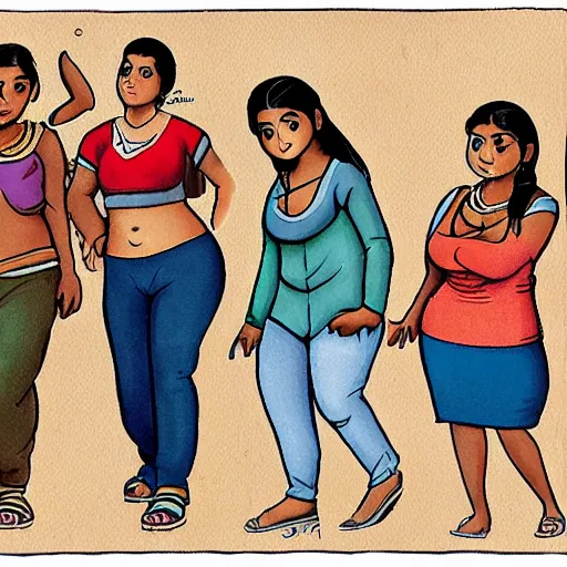 Prompt: cartoon of a short brown indian man migit walking with a young asian woman, a thick white blonde teenage girl, and a thick juicy spanish teenage girl, and a black bodacious babe in a small town in india all wearing clothes