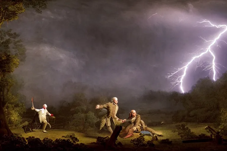 Prompt: Benjamin Franklin being struck by a lightning, in the woods, at night, thunderstorm, XVIII century, ultra detailed, wide angle lens, matte painting, cinematic composition, hyper realistic, highly detailed, concept art, low key lighting, high dynamic range, depth of field, moment cinebloom filter, cinematic color grade