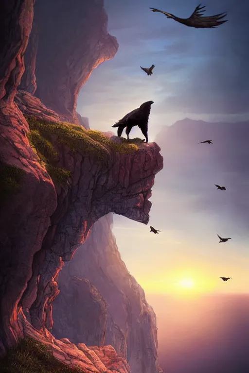 Image similar to elderly man falling off a cliff, tragic moment, 8 k, art by artgerm, award winning photo, sunset in background, wolfs growling on cliff edge, ravens in the sky, highly - detailed