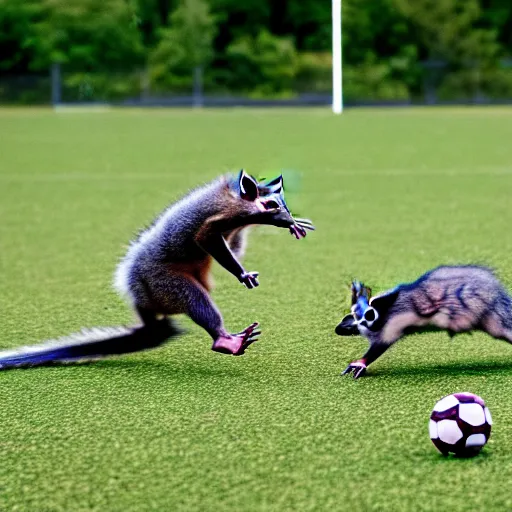 Image similar to a photograph of a soccer match between racoons and opossums