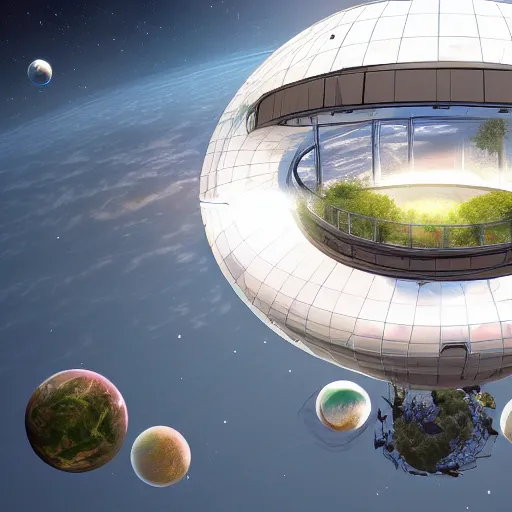 Prompt: spherical greenhouse in space, symmetry, artstation