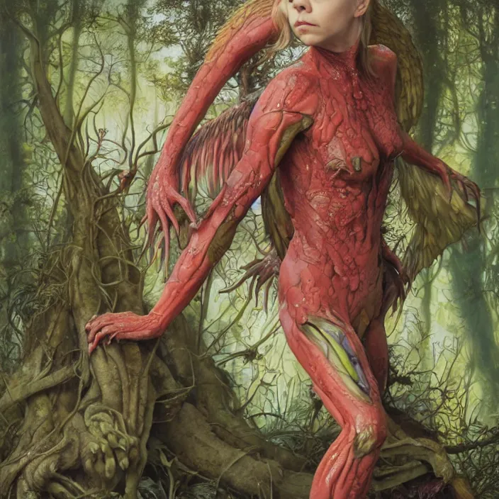 Image similar to a portrait photograph of natalie dormer as a brightly colored harpy salamander hybrid with wet mutated skin. wearing a prosthetic organic catsuit. by tom bagshaw, donato giancola, hans holbein, walton ford, gaston bussiere, brian froud, peter mohrbacher and magali villeneuve. 8 k, cgsociety