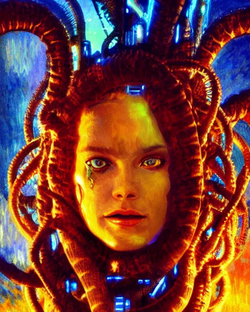 Image similar to day time, a cyberpunk close up portrait of cyborg medusa, electricity, snakes in hair, sparks, bokeh, soft focus, skin tones, warm, sky blue, daylight, by monet, paul lehr, jesper ejsing