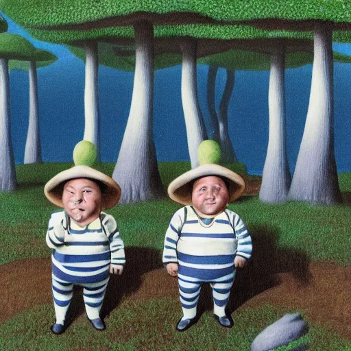 Prompt: detailed matte painting of twin brothers tweedledee and tweedledum, they are fat and wearing blue and white striped sailor clothes, standing in front of a wonderland mushroom forest, by salvador dali, 8 k resolution