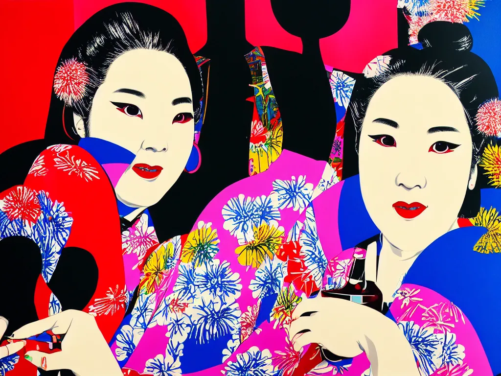 Image similar to hyperrealism composition of the detailed woman in a japanese kimono sitting at a poker table with predaror, fireworks on the background, pop - art style, jacky tsai style, andy warhol style, acrylic on canvas