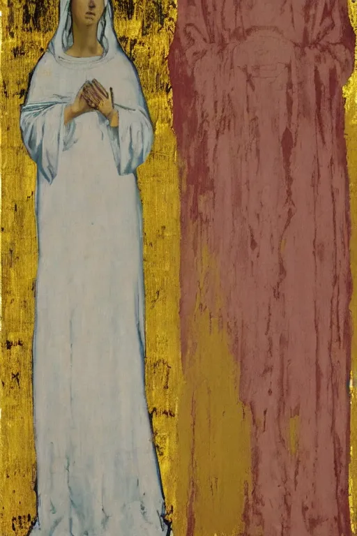 Image similar to virgin mary of lourdes painted by cy twombly and andy warhol