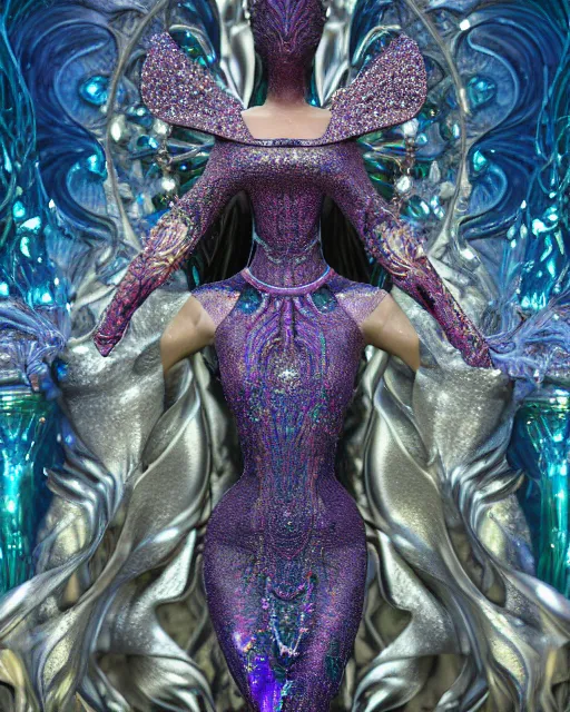 Image similar to a highly detailed metahuman 4 k close up render of an alien goddess bella hadid monument persephone in iris van herpen dress schiaparelli in diamonds crystals swarovski and jewelry iridescent in style of alphonse mucha gustav klimt trending on artstation made in unreal engine 4