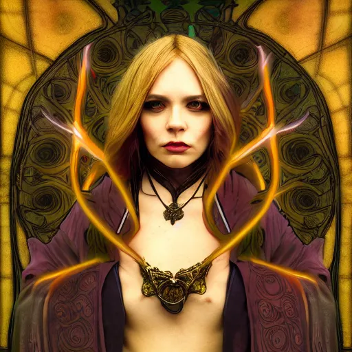 Image similar to portrait of a human warlock ,fantasy, D&D, HDR, , natural light, medium close shot, dynamic pose, award winning photograph, Mucha style