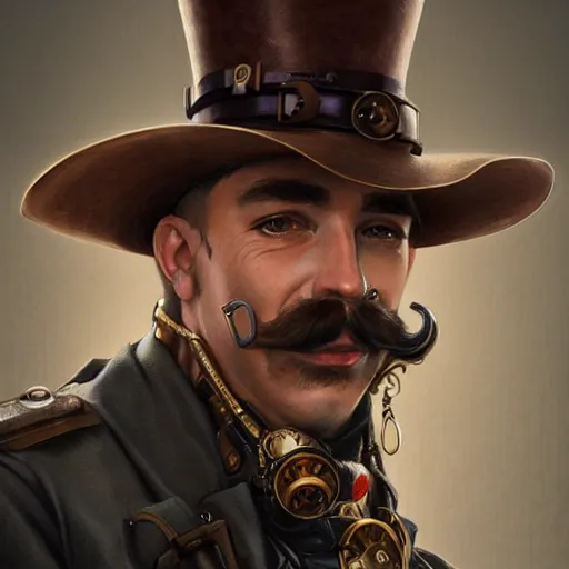 Image similar to Three quarters portrait of a male steampunk character with a moustache, highly detailed, digital painting, art by Stanley Lau and Artgerm and magali villeneuve and Alphonse Mucha, artstation, octane render, cgsociety