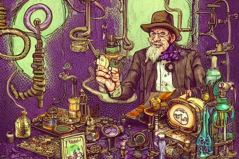 Image similar to Uncle Aloysius, snake oil salesman, wild west crypto pharmaceutical industrialist apothecary alchemist tinkerer engineer, cute, fantasy, intricate, elegant, highly detailed, digital painting, 4k, HDR, concept art, smooth, sharp focus, illustration, purple green color scheme, art by Ed Roth and H R Giger and Greg Rutowski and Lisa Frank