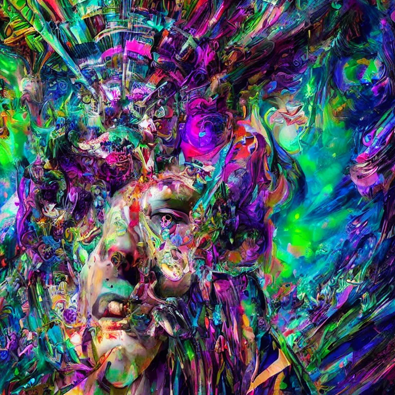 Prompt: hyper-maximalist overdetailed cinematic half portrait half collage pesudofigurative digital illustration by archan nair inspired by works of hakan hisim. Dramatic lights. Psychedelic visionary artwork. Zenith view. Seen from below.