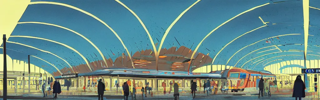 Image similar to birmingham new street train station exterior, gouache, animated film, stylised, illustration, by eyvind earle, scott wills, genndy tartakovski, syd mead