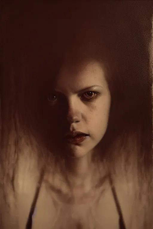 Prompt: portrait of hannah murray as delirium of the endless by sally mann, and gottfried helnwein, jeremy mann, dark, backlit, low key, shadowed