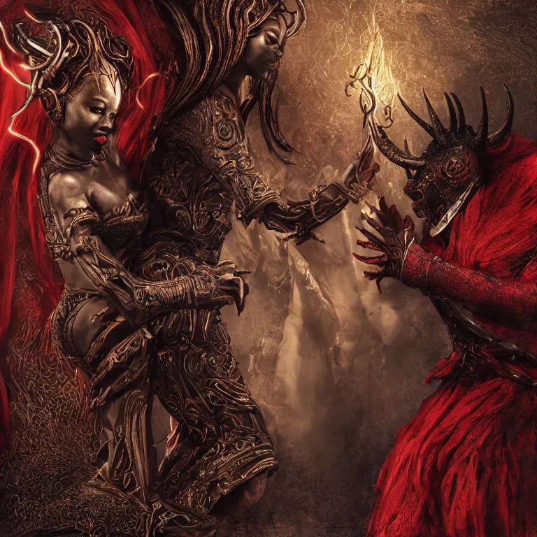 Image similar to black man and a female devil in red dress with horns are dancing together, in Dark souls and elden ring style, insanely detailed and intricate, golden ratio, hypermaximalist, elegant, ornate, luxury, elite, ominous, haunting, matte painting, cinematic, cgsociety, James jean, Brian froud, ross tran, Laputa, photorealism