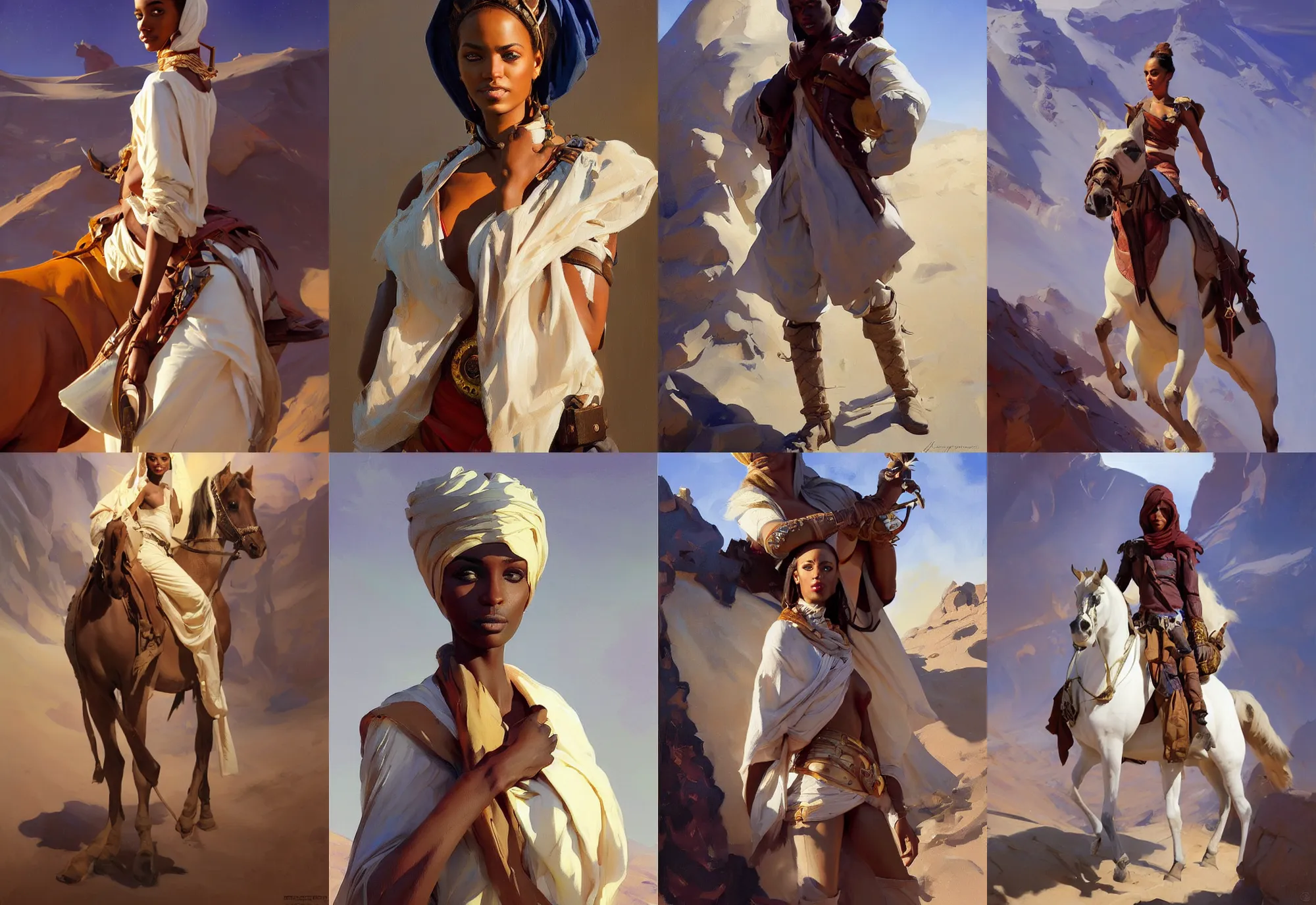 Prompt: portrait of arabian namibian model girl jodhpurs hyperborea winter traveler treasure hunter greg manchess painting by sargent and leyendecker, fantasy, medium shot, asymmetrical, intricate, elegant, matte painting, illustration, hearthstone, by rhads, by greg rutkowski, by greg tocchini, by james gilleard, by joe fenton