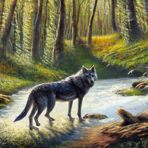 Image similar to A majestic and beautiful wild wolf out by a river with its head down taking a drink from the stream while it's ears are up and alert listening for danger with trees behind it, set in warm spring where it is sunny and windy, award winning, oil painting, 8k