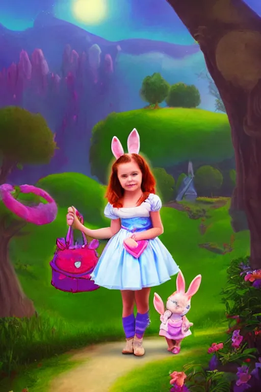 Image similar to matte sharp painting cute little girl dressed as alice and cute rabbit landscape painted by mark rydel and lisa frank, artstation behance storybook