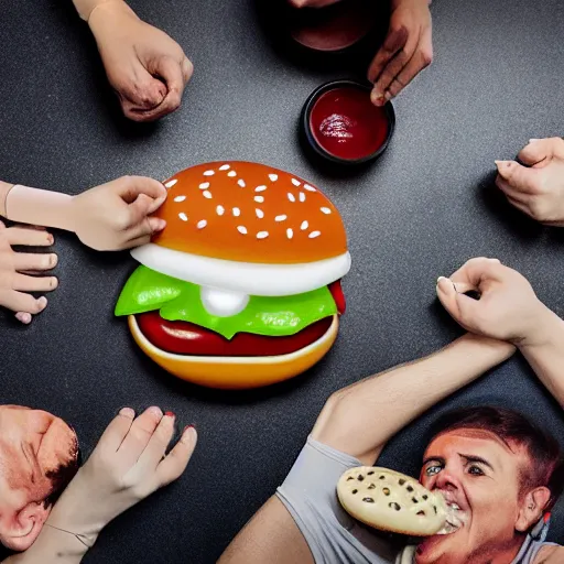 Prompt: hamburger eating people, large silicon rubber puppet hamburger, professional photography, canon lens