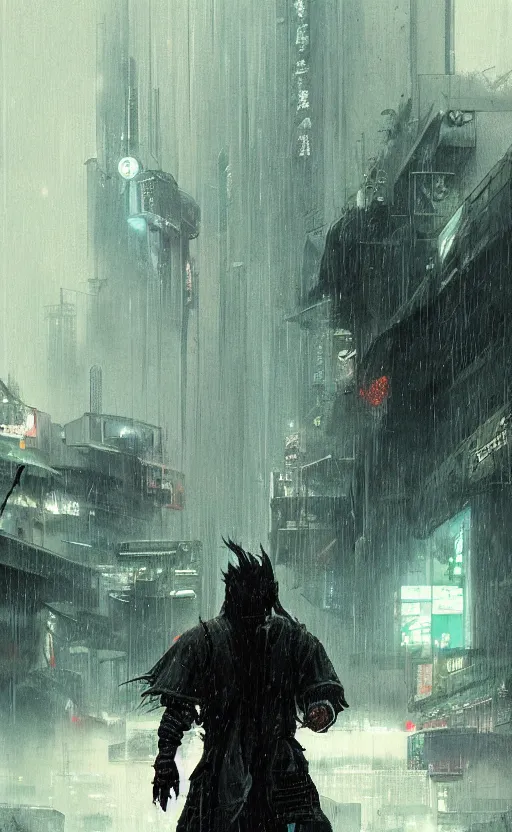 Image similar to cyberpunk samurai in rain, crowd, raven, arcane, by fortiche, by greg rutkowski, esuthio, craig mullins, wlop