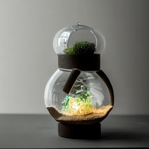 Prompt: a terrarium with nuclear reaction having meltdown, on top of a minimalist table, lit from the side