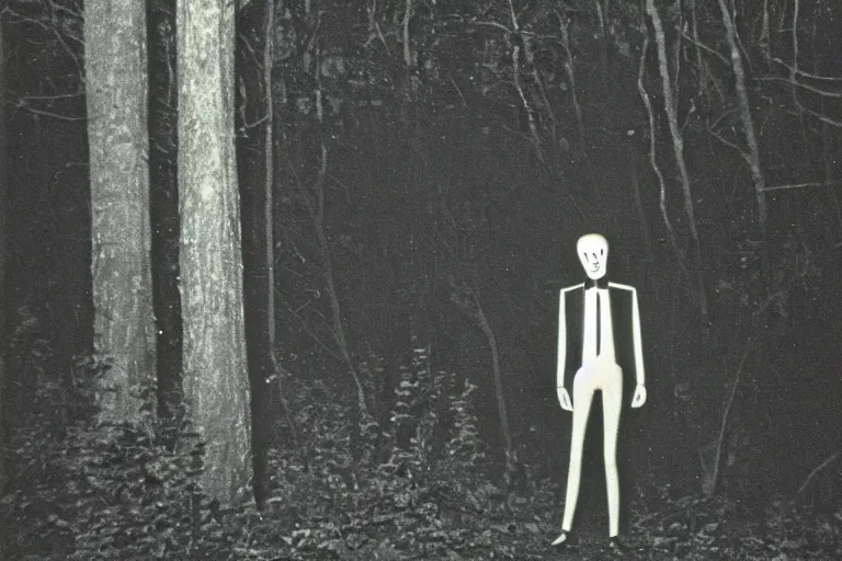 Image similar to 1975 photo of slenderman in the forest, night, detailed