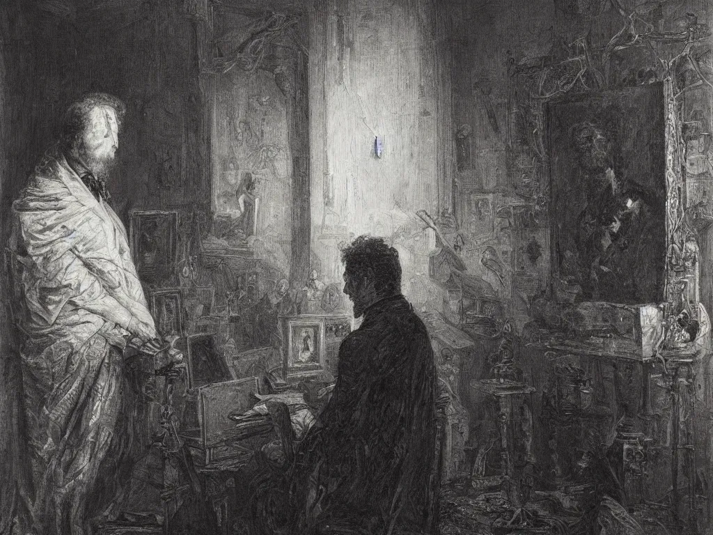 Image similar to an artificial intelligence painting a masterpiece self - portrait in his studio in the style of gustave dore