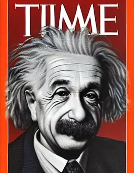 Image similar to cover of TIME magazine with the portrait of Albert Einstein and the mushroom cloud of an atom bomb explosion, nuclear bomb explosion, mushroom cloud