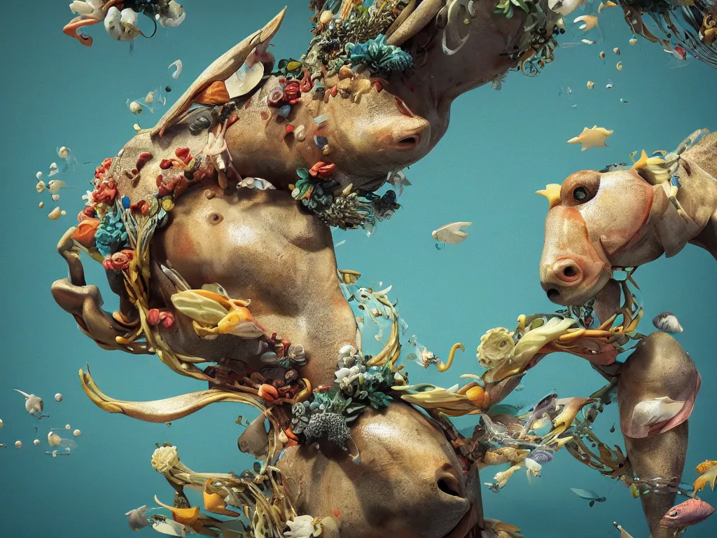 Prompt: a sculpture of fish ocean intertwined, a lovely cornucopia of flowers and cows, body parts, highly detailed, octane render, cinematic, shock, sharp focus, ball, an independent psycho, clean