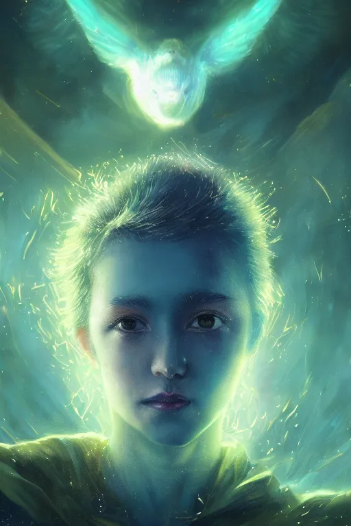 Image similar to a fancy portrait of a small golden celestial child in a blue and green portal, by greg rutkowski, sung choi, mitchell mohrhauser, maciej kuciara, johnson ting, maxim verehin, peter konig, bloodborne, 8 k photorealistic, cinematic lighting, hd, high details, dramatic, dark atmosphere, trending on artstation