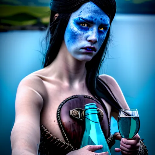 Image similar to a dnd Triton girl with blue skin and messy black hair drinking from a leather wine flask, a little blue-skinned girl with messy black hair sharp pointed ears freckles along the ridges of her cheeks, dnd triton, high resolution film still, 4k, HDR colors