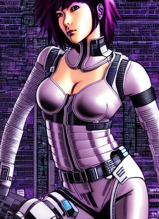 Image similar to motoko kusanagi in grungy cyberpunk megacity, intricate and finely detailed, cyberpunk vaporwave, portrait by j scott campbell, phil jimenez, ilya kuvshinov