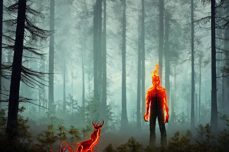 Image similar to fire demon standing in a beautiful swedish forest, highly detailed, hyperrealistic, very sharp focus, intricate, soft lighting, wide shot photograph, digital painting by simon stålenhag