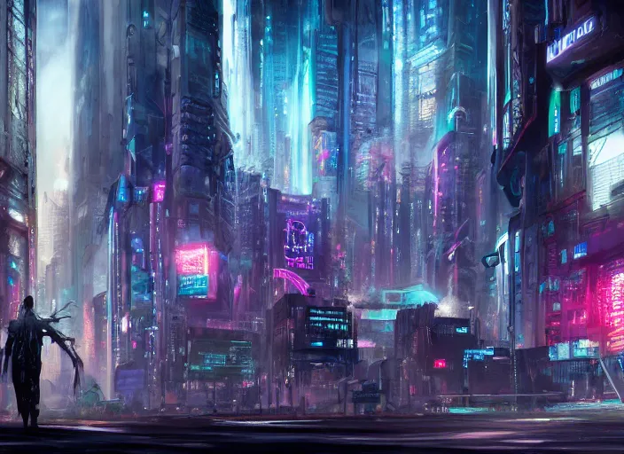 Image similar to full body concept art airbrushed painting of a cyberpunk city, airbrushed painting, stunning, featured on artstation, cinematic lighting, hyperdetailed, cgsociety, 8k, dramatic, dark atmosphere, alluring