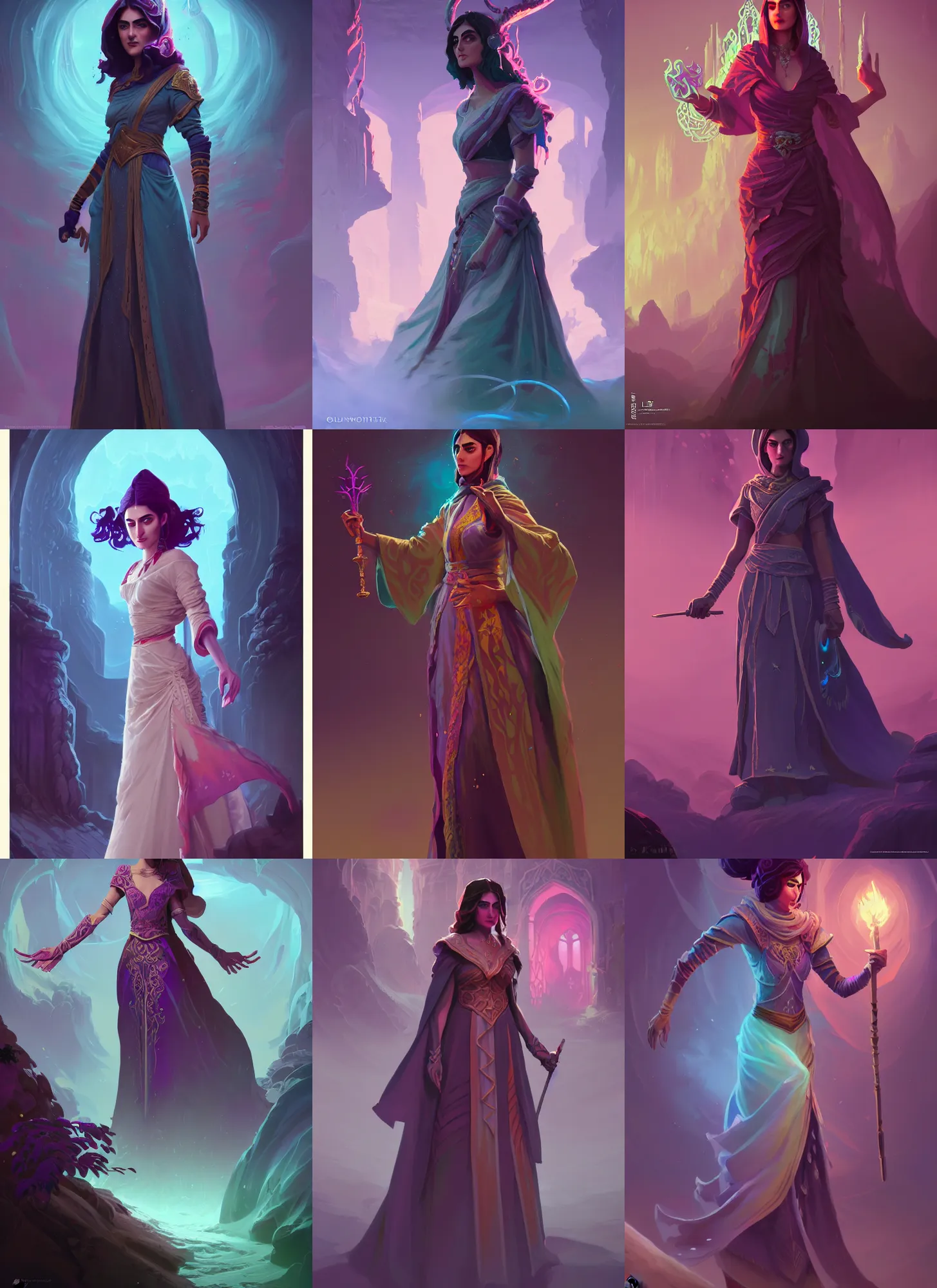 Prompt: maya ali, wizard, gloomhaven and dota concept art, robes, elegant, highly detailed, smooth, colorful swirly magical ripples, pastel colors, matte painting concept art, art nouveau, aesthetic octane render, 8 k hd resolution, by ilya kuvshinov and cushart krentz and gilleard james