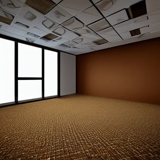 Image similar to an ominous endless space of empty connecting rooms with vanilla colored wallpaper and brown carpet, no windows