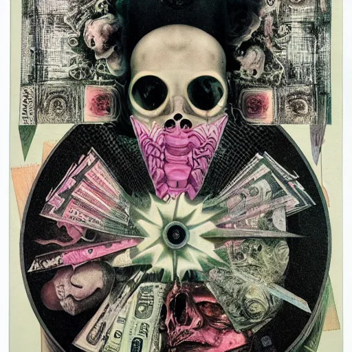 Image similar to post - punk new age album cover, asymmetrical design, dollar bank notes, capitalism, magic, apocalypse, psychedelic, black white pink, magic, giger h. r., giuseppe arcimboldo, peder aalto