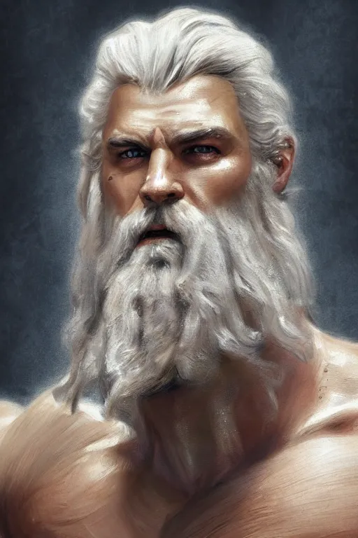Prompt: painted portrait of rugged zeus, god of thunder, greek god, white hair, masculine, powerful, handsome, opulent, upper body, white robe, muscular, hairy torso, fantasy, intricate, elegant, highly detailed, digital painting, artstation, concept art, smooth, sharp focus, illustration, art by gaston bussiere and magali villeneuve
