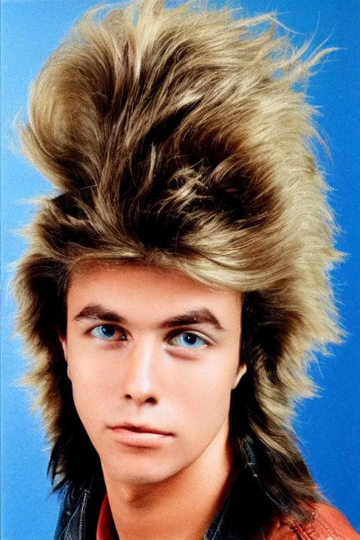 Image similar to an original beeple portrait of a typical member of generation x, in the style of a 1 9 8 0's glamour shot, beautiful flowing mullet hairstyle