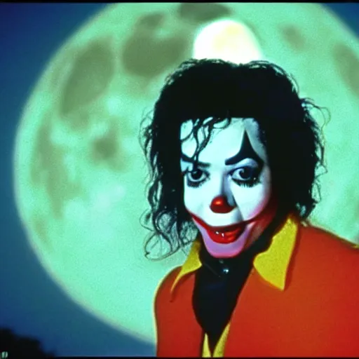 Prompt: a cinematic film still from a 1980s horror film about a Michael Jackson clown, vintage, color film still, moon lighting