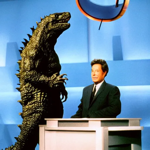 Image similar to godzilla announced as the new host of the game show jeopardy!, press photo