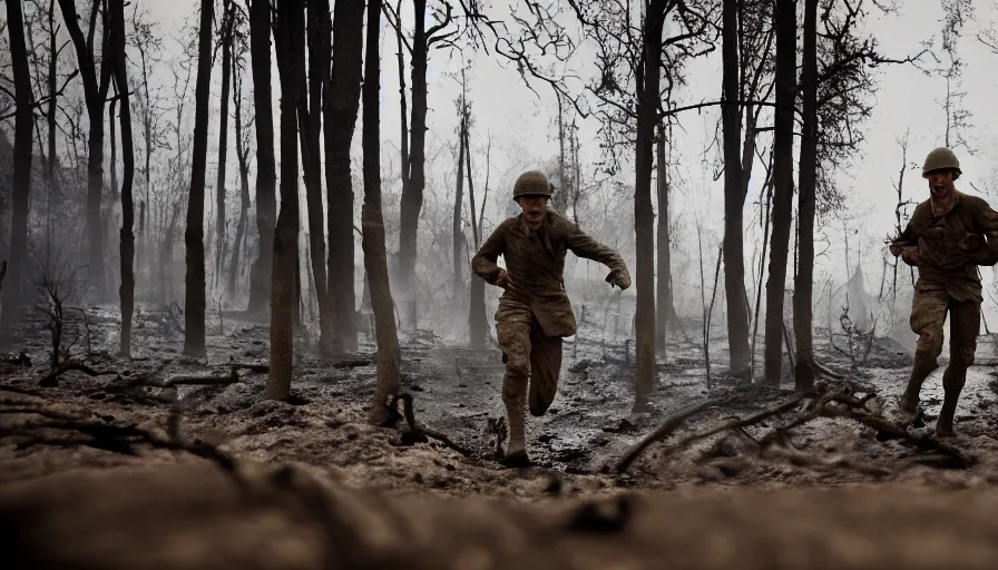 Image similar to screaming World War 1 soldier running across No Mans Land, wartorn landscape, lots of mud puddles and craters, burnt and broken trees, dirty lens, cinematic lighting, IMAX cinematography, 35mm